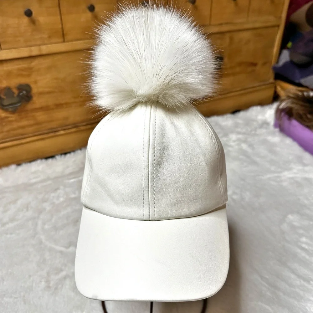 Vera NY Faux Leather Pom Adjustable Cap Hat Off-White Women’s OS